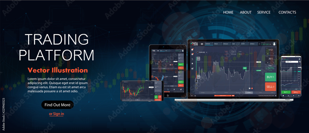 Poster Web Site Screen template. Forex market, news and analysis. Binary option. Application screen for trading. Candles and indicators. HUD UI for business app. Futuristic virtual user interface. Data chart