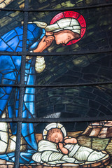A stained glass window inside Birmingham Cathedral