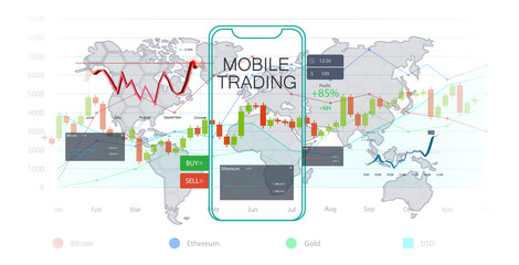 Mobile stock market, Investment trading. Financial analytics. Mobile stock trading concept, business and investment, market analysis. Market trade. Binary option. Trading platform. Vector illustration