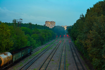 Fototapeta na wymiar Railway tracks in the late evening