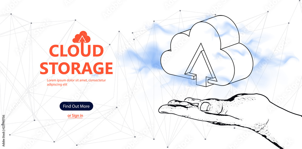 Poster Cloud technology. Polygonal wireframe mesh background with a hand, holding a 3D cloud storage. big data, Polygonal elements.  Concept illustration or background. Vector