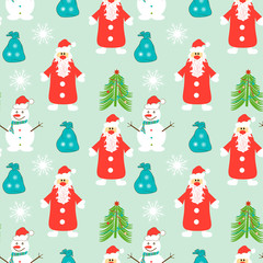 Santa Claus, snowman, Christmas tree. New Year, Christmas background, texture. Wallpaper with a blue background. Seamless.