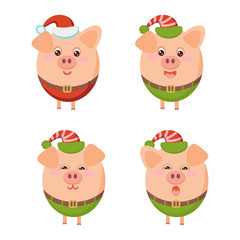 Pig elf, pig santa. Set of stickers icons. Vector illustration.