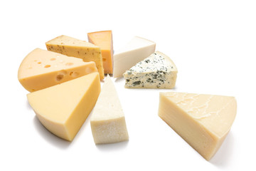 Different kinds of cheeses isolated on white background.