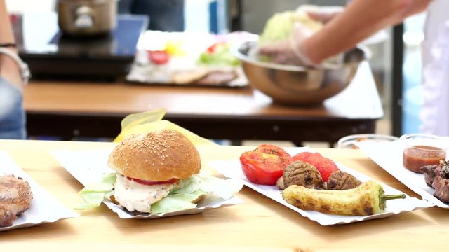 Street Food Festival - roast meat burgers and grilled vegetables
