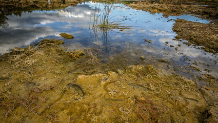 Sandy hills. Lake in the Sandy canyon. Warm colors background. Yellow sandstone textured mountain, white thin sand dune, bright sky. Sunshine landscape