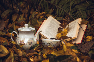 Cup of hot tea, old books and fallen autumn leaves
