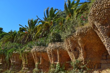 Beautiful stone walls, on top of which palm trees grow.