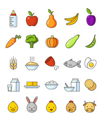 Organic food for babies vector set. Healthy meal for children. Cartoon set with isolated fruits, vegetables, meat, milk. Kid's menu infographic.