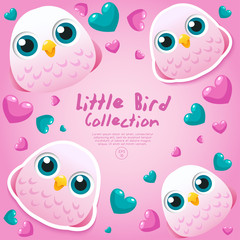 Cute Baby Birds Surrounding with Hearts : Vector Illustration