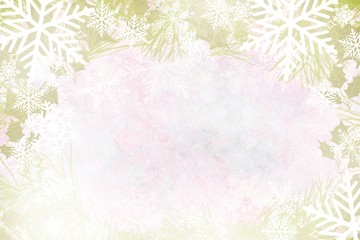 Fototapeta na wymiar Frosty winter wonderland snowflake marbled watercolor background winter snowflake pine holly border background of lovely colors