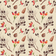 Seamless pattern with red rosehips, pine cones and dry twigs. Watercolor on beige background.