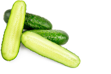 Ripe green cucumbers isolated on white background. Free space for text