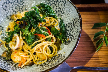 Fried Spaghetti with Seafood and Spicy Sauce.