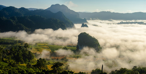 The beautiful sunrise view of the limestone mountains and sea of fog in Phu Lung Ka forest park located in Phayao the Northern province of Thailand