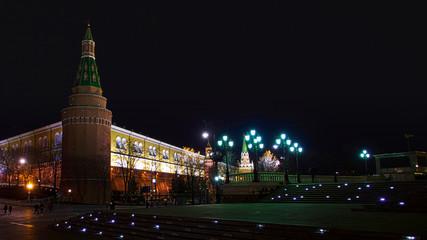 Fototapeta na wymiar Architectural details of building near Red Square in Moscow illuminated at night.