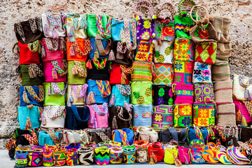 Street sell of handcrafted traditional Wayuu bags at the walled city of Cartagena de Indias