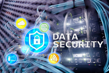 Data security, cyber crime prevention, Digital information protection. Lock icons and server room...