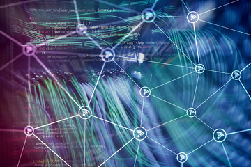 Wi fi network abstract structure on modern server room background.
