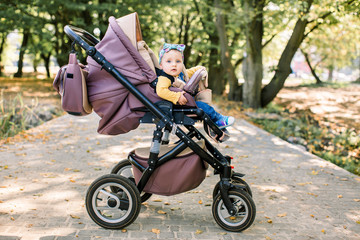 Cute little baby girl in brown baby carriage in the park, evening sun shine