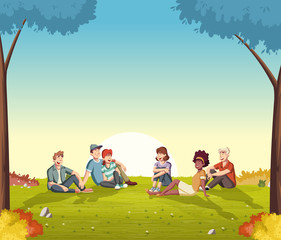 Obraz na płótnie Canvas Green park landscape with cartoon teenagers seated on the grass.