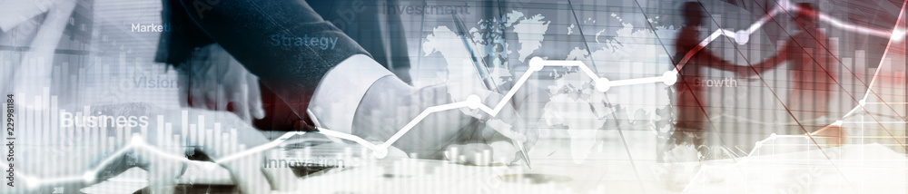 Wall mural business abstract background double exposure graph, chart and diagram. world wide map and. global bu