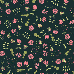 Background, texture, wallpaper. Small flowers on a dark background, seamless. Rose flower. Sketch.