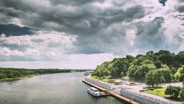 Gomel, Belarus. Top View Of Sozh River, Floating Tourist Boat Cruise Ship And In Summer Sunny Day