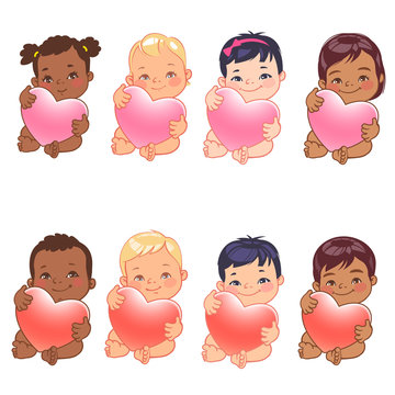 Set of round user pics with babies. Cute little baby girl and boy of various nations hold heart. Asian, african, caucasian, hispanic, arabic, indian, Chinese children. Avatar for social media blog.