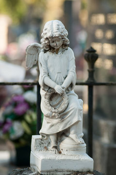 Closeup of stoned angel praying on tomb in cemetery