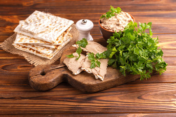 Homemade chicken liver pate with matzo and parsley