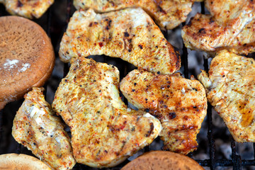 BBQ Grilled turkey meat Outdoors grill. Preparation for burger