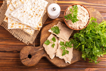 Homemade chicken liver pate with matzo and parsley