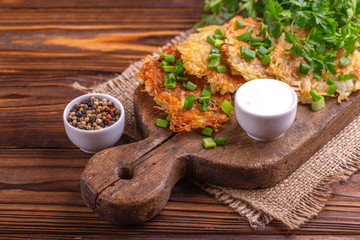 Homemade traditional potato pancakes or latke Hanukkah celebration food