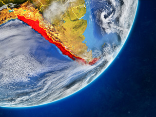 Fototapeta premium Chile on model of planet Earth with country borders and very detailed planet surface and clouds.