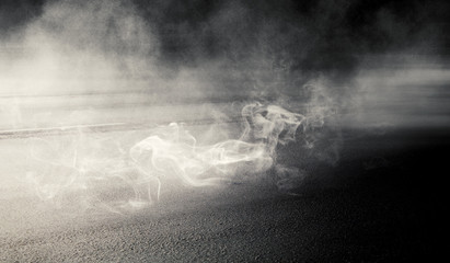 Fototapeta premium background of empty room at night, concrete floors and walls, neon light, fog, smoke, smog