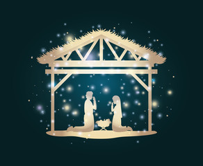 Fototapeta premium merry christmas card with holy family in stable