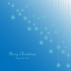 Merry Christmas and Happy New Year with white snowflakes. Holiday blue background. Decorative design for card, banner, greeting, vintage decoration.Symbol of celebration, holiday. Vector illustration