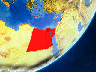 Egypt on model of planet Earth with country borders and very detailed planet surface and clouds.