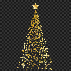 Christmas tree of stars on the transparent background. Gold Christmas tree as symbol of Happy New Year,Merry Christmas holiday celebration. Vector illustration