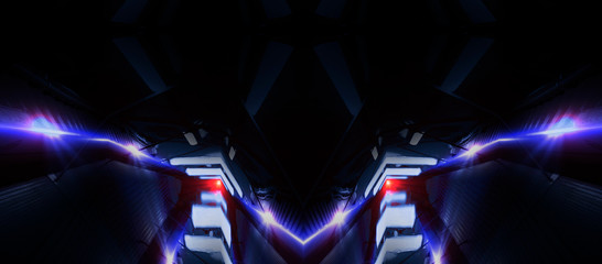 Neon lines on a dark background. Space background, lights space units. Abstract neon background, cosmic tunnels, corridors, lenses, glare, laser beams. The virtual reality