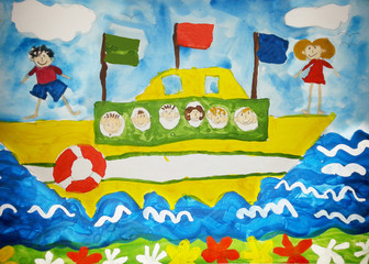 Children travel by ship in sea.