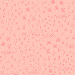 Pastel pink hand drawn abstract seamless pattern with different shapes: triangle, drop, dot, zigzag. Memphis seamless pattern. Geometric elements memphis in the style of 80's. Vector illustration.