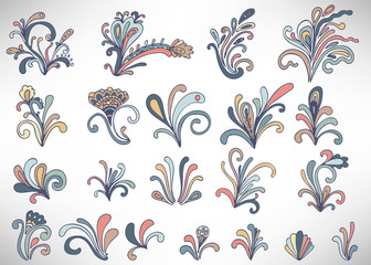 Set of pastel festive doodle floral elements with flowers, curls, branches and leaves isolated on white background. Damask elements, calligraphic shapes. Vector illustration.