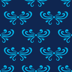 Colorful navy blue abstract damask seamless pattern of curls in retro style. Floral vintage background. Art nouveau style design. Vector illustration.