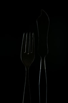 fish fork and knife, dark Silhouette, silhoutte with light, floodlit on the sites, food concept, knife with black cipolin and steel fork