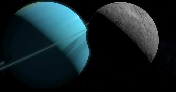 Satellite Puck, uranian moon, orbiting around Uranus planet in the outer space