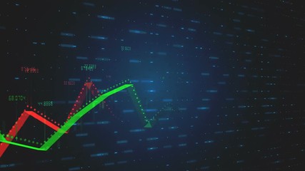 Two growing linear 3D graphics showing positive and negative growth and trends with numbers in red-green on blue tech background with motion