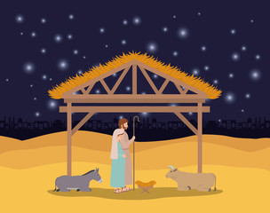 christmas card with holy family and animals in stable