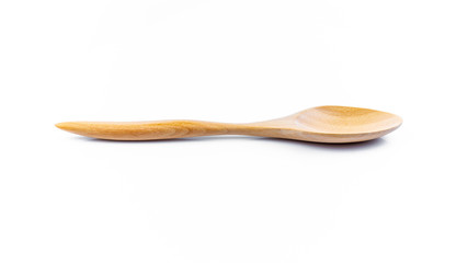 Empty spoon made of wood on white background. Top view. Isolated. Wooden.